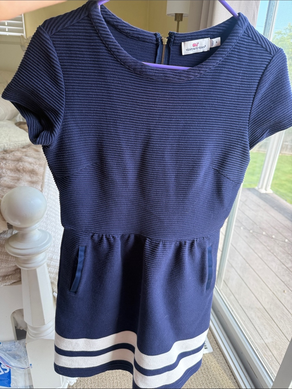 Vineyard Vines Navy Short-Sleeve Textured Knit Dress with Striped Hem